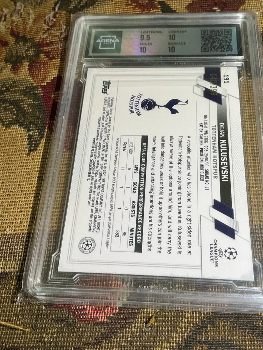 2022 Topps Chrome Dejan Kulusevski #19 Neon Green Shimmer /399 Graded Arena 10